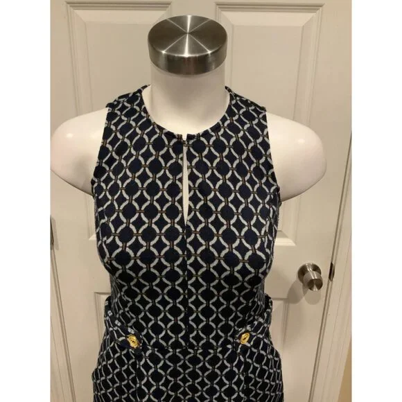 Tabitha Anthropologie Navy Blue Chain Link Keyhole Fit & Flare Dress, Size 0 - Picture 2 of 7
